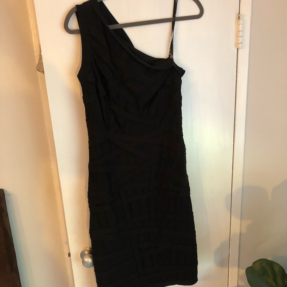 Tadashi Shoji one shoulder black bandage dress